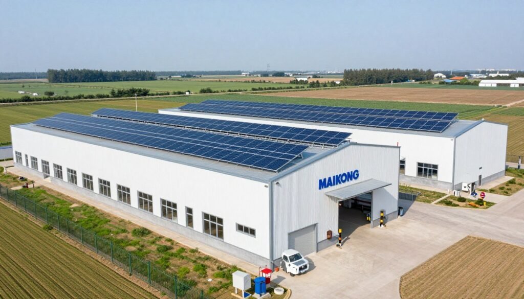 Solar panels on feed mill roof demonstrating renewable energy integration