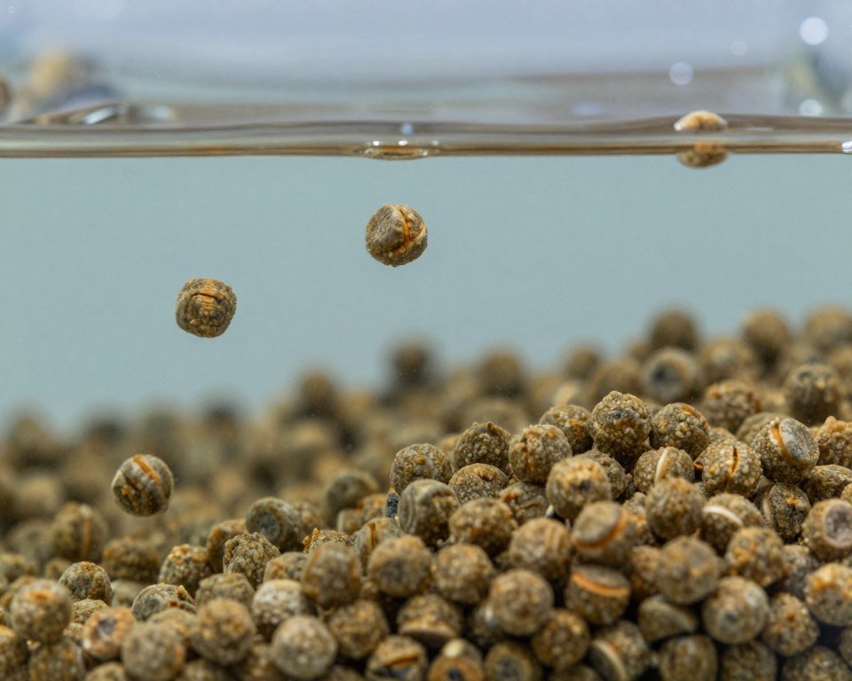 Specialized aquatic feed pellets floating in water demonstrating water stability