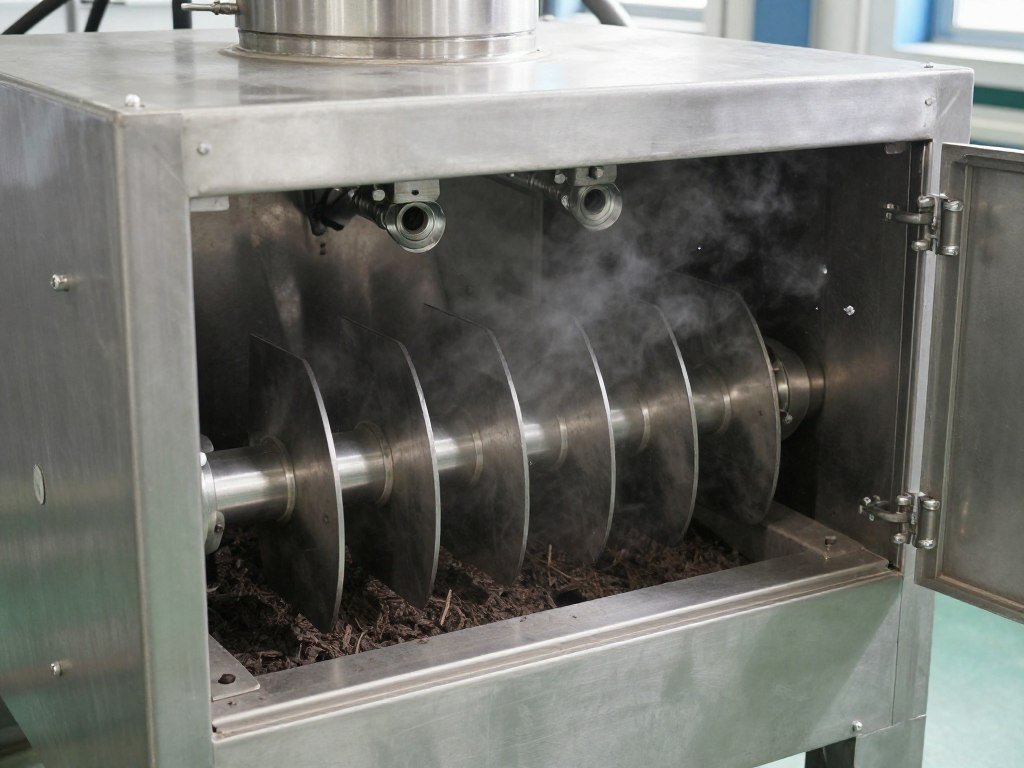 Steam conditioner for biomass materials showing paddles and steam injection ports Steam conditioner for biomass materials showing paddles and steam injection ports