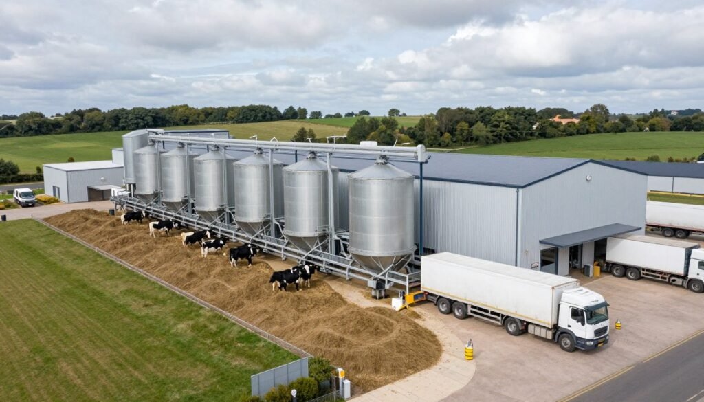 Successful UK cattle feed mill operation showing modern efficient facility Successful UK cattle feed mill operation showing modern efficient facility