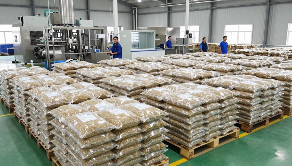 Successful fish feed production facility with packaged product ready for distribution