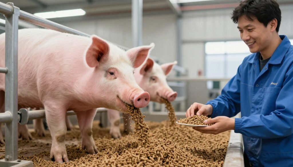 Successful pig feed production operation showing finished pellets