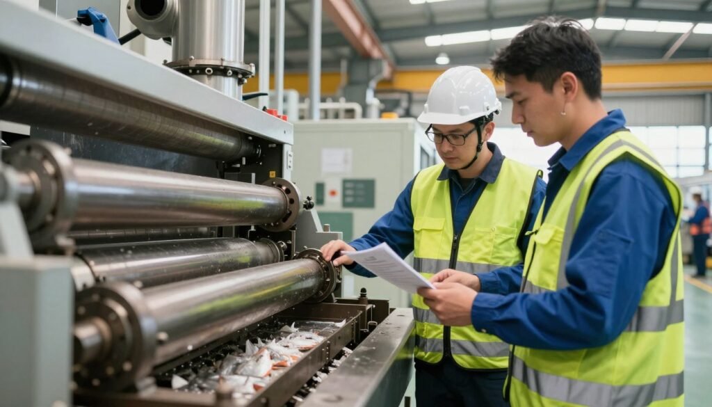 Technical support engineer inspecting fish feed production equipment and providing maintenance training to UK factory staff