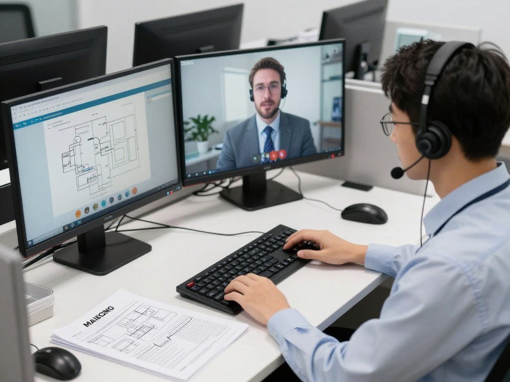 Technical support team assisting customer via video call