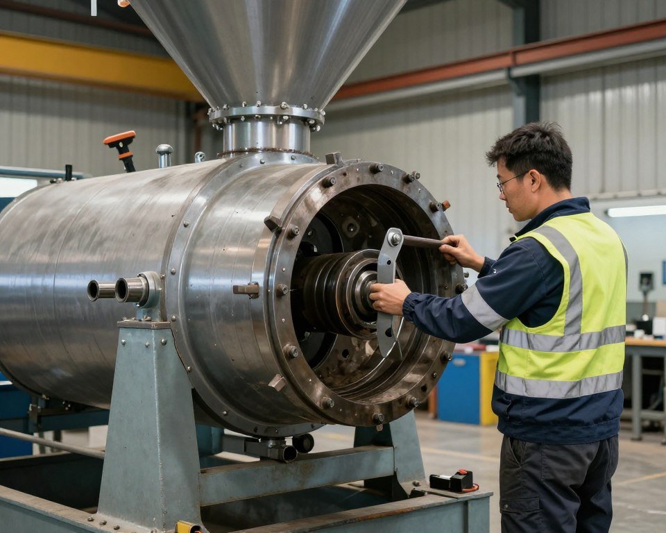 Technician installing a new ring die on a biomass pellet mill during maintenance Technician installing a new ring die on a biomass pellet mill during maintenance