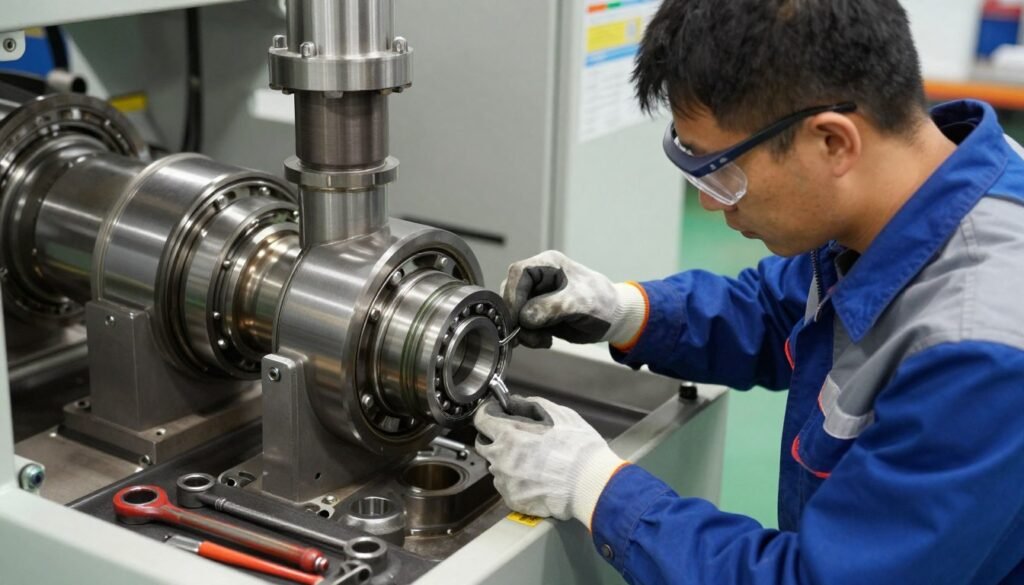 Technician performing bearing replacement on feed production equipment
