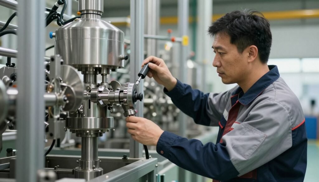 Technician performing maintenance on feed mill equipment