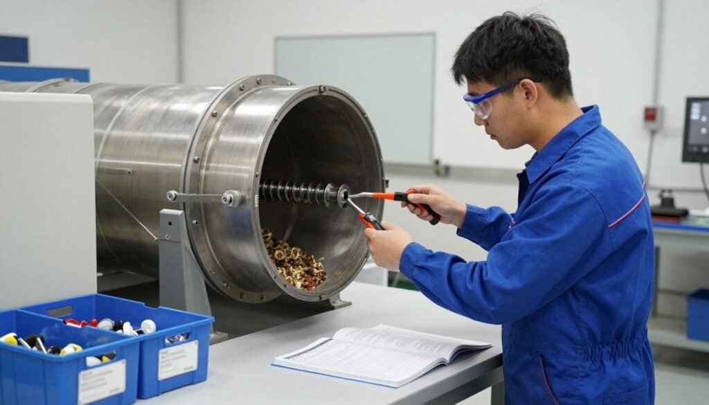 Technician performing maintenance on fish feed extruder machine, inspecting barrel and screw assembly