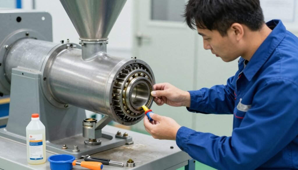 Technician performing preventive maintenance on pellet mill equipment Technician performing preventive maintenance on pellet mill equipment