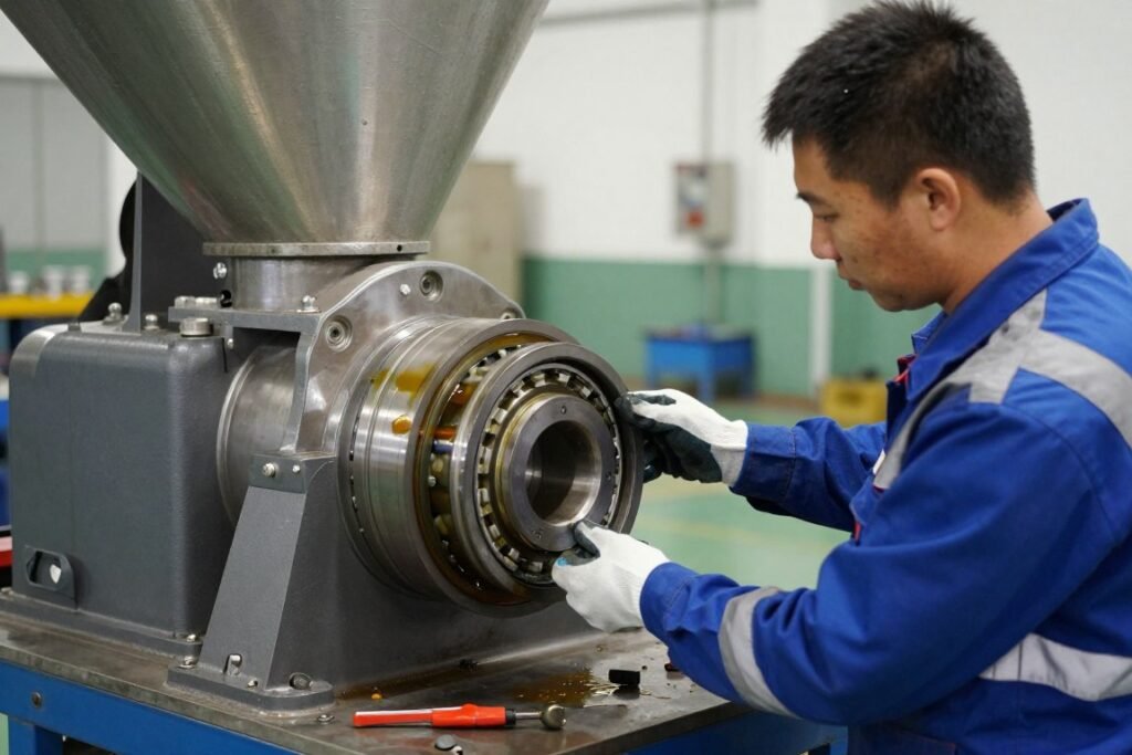 Technician performing scheduled maintenance on cattle feed pellet mill bearing assembly Technician performing scheduled maintenance on cattle feed pellet mill bearing assembly