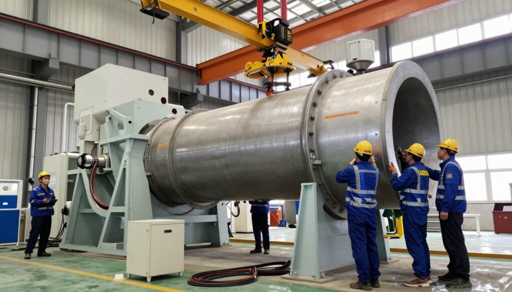 Technicians installing pellet mill equipment in feed factory