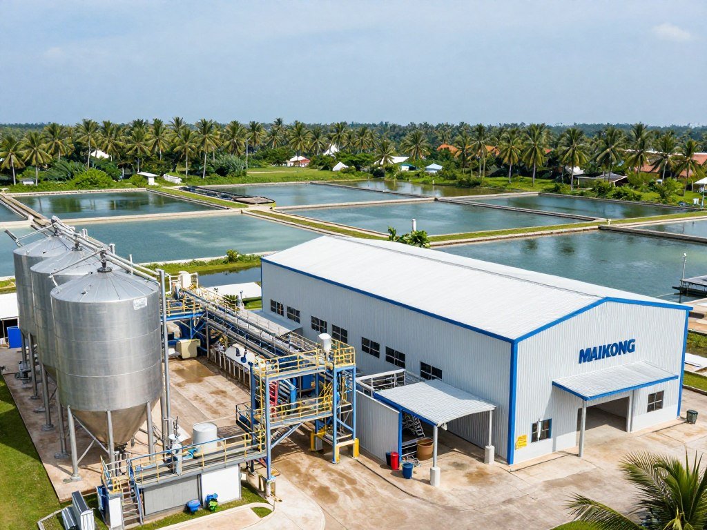 Thai aquatic feed production facility with shrimp farming ponds nearby
