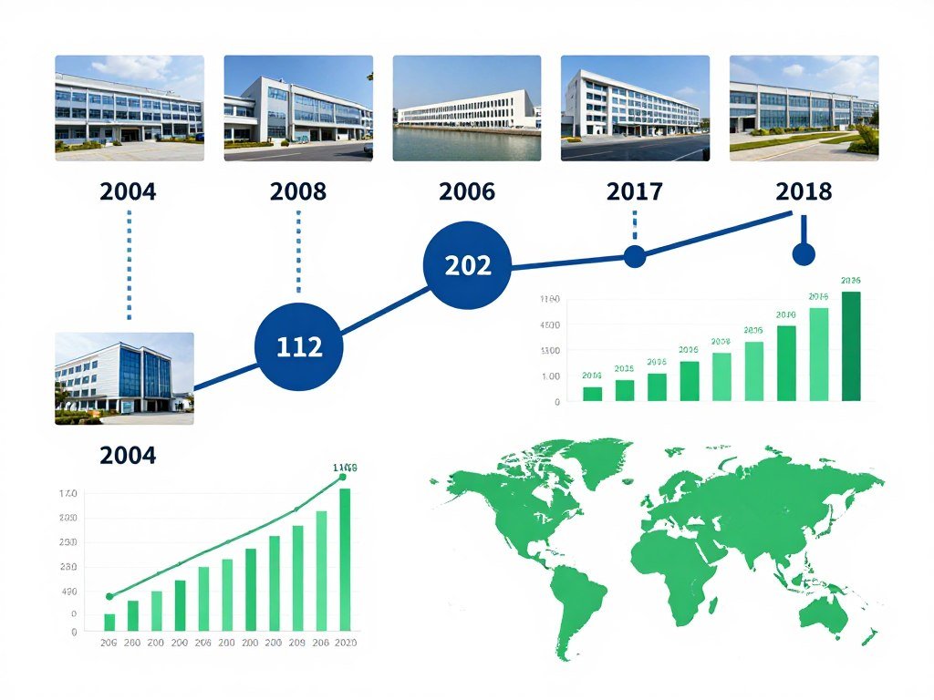 Timeline graphic showing MAIKONG company evolution from 2004 to present with factory expansion photos