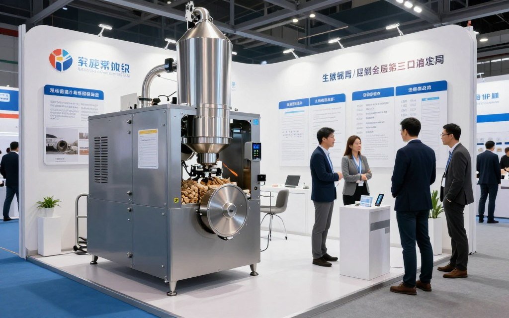 Trade show booth displaying biomass pellet production equipment with technical specifications Trade show booth displaying biomass pellet production equipment with technical specifications