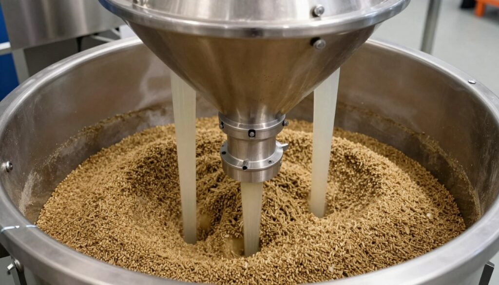 Twin-shaft paddle mixer processing aquatic feed ingredients with liquid addition system Twin-shaft paddle mixer processing aquatic feed ingredients with liquid addition system