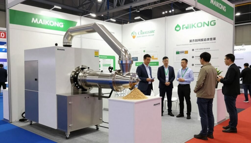 UK agricultural trade show booth displaying MAIKONG pellet production line equipment with dealer representatives engaging visitors