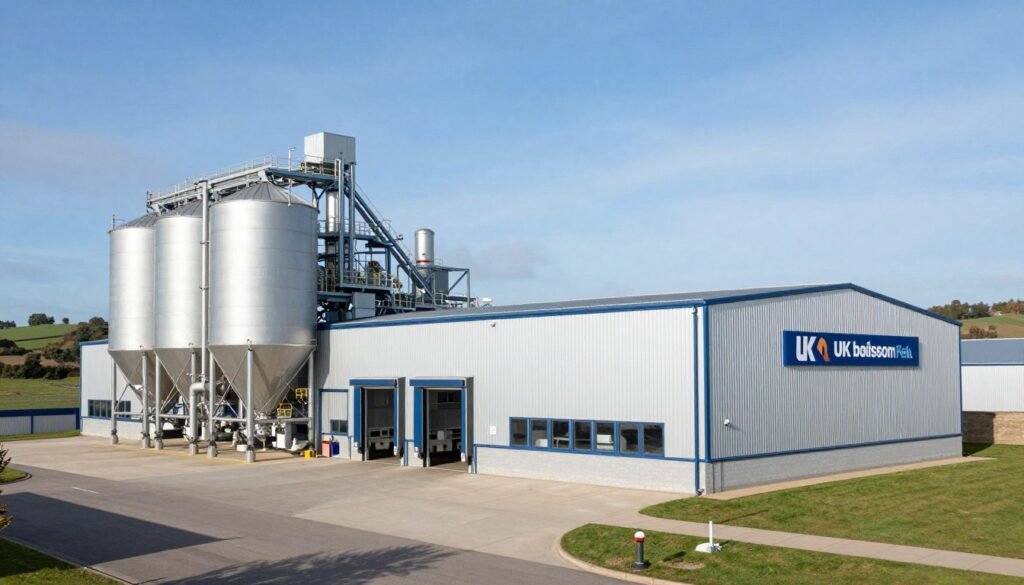UK biomass pellet production facility exterior showing modern industrial building UK biomass pellet production facility exterior showing modern industrial building