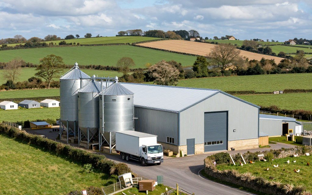 UK farm setting with modern feed mill building