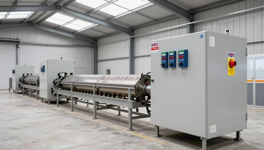 UK feed mill facility showing cattle feed pellet production line installation with British electrical standards and local safety compliance