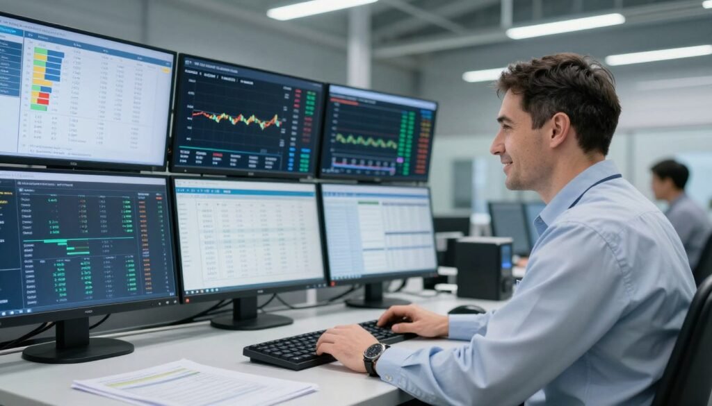 UK feed production facility manager reviewing production line performance data UK feed production facility manager reviewing production line performance data