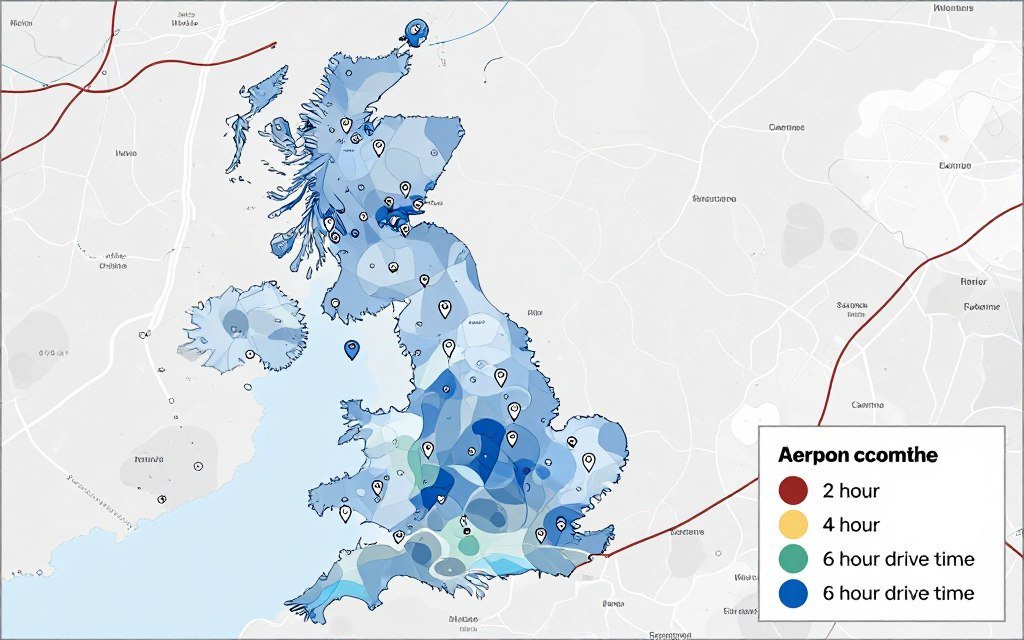 UK map showing cattle feed equipment installation locations and service coverage areas with travel time zones