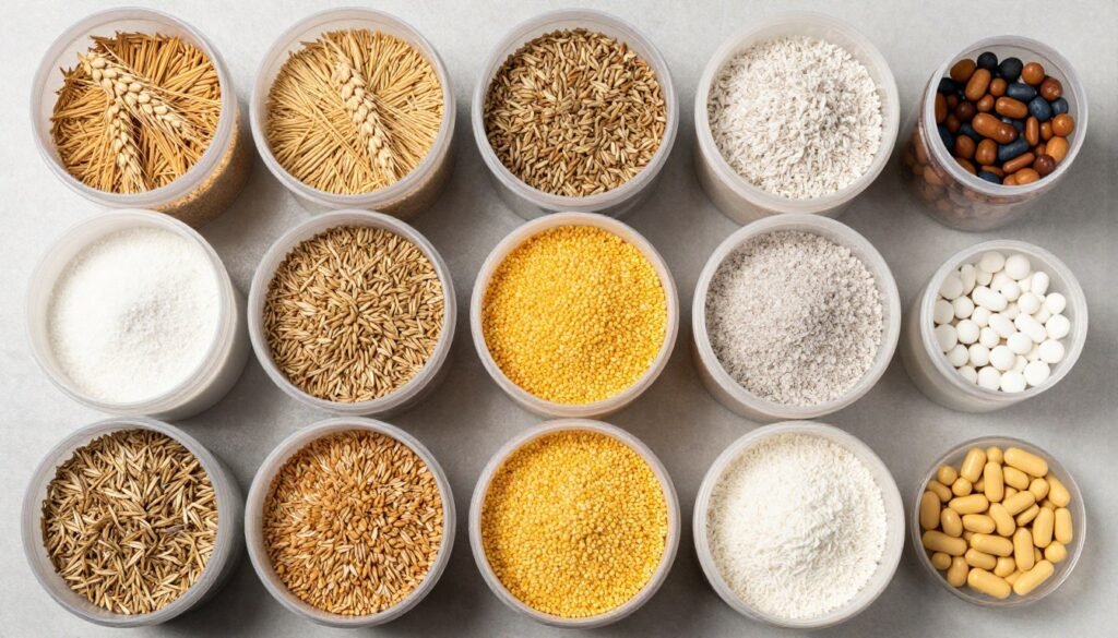 Various animal feed raw materials including grains, protein meals, and supplements