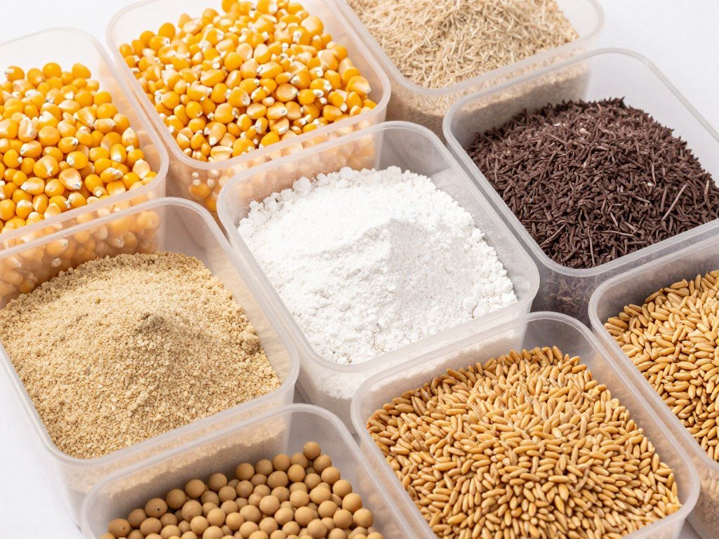 Various animal feed raw materials including grains, protein meals, minerals displayed in compartmented containers Various animal feed raw materials including grains, protein meals, minerals displayed in compartmented containers