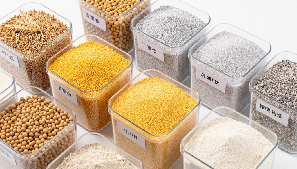 Various chicken feed ingredients displayed in sample containers