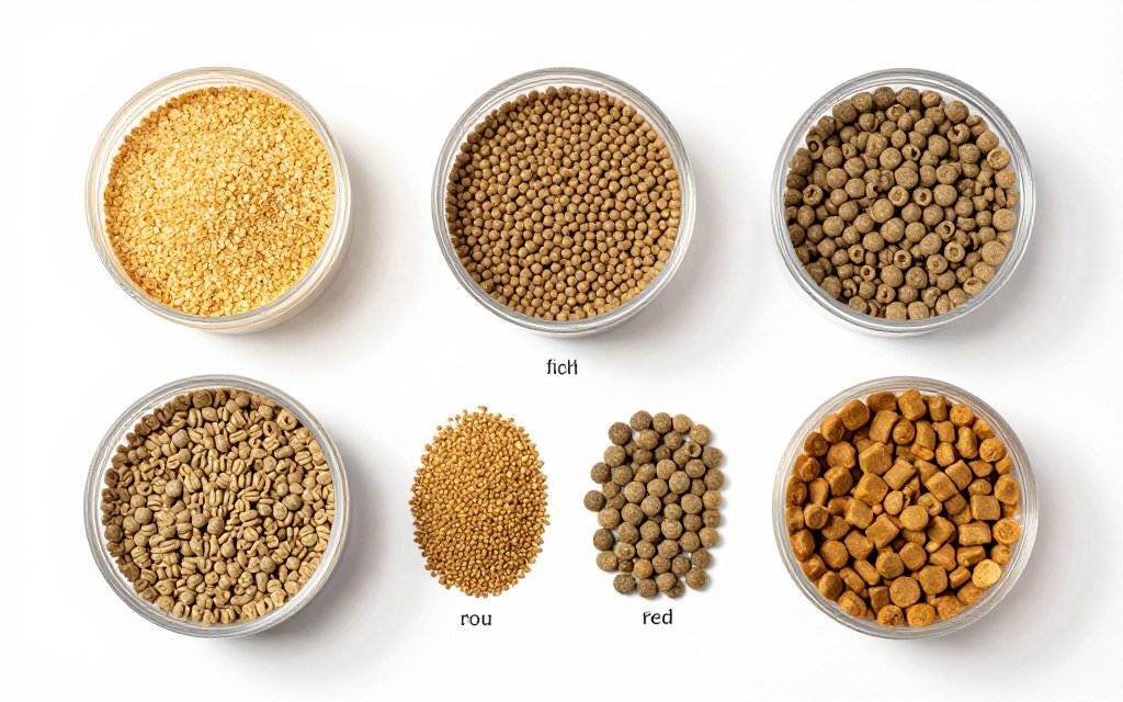 Various feed pellet samples showing different sizes and formulations for different animals