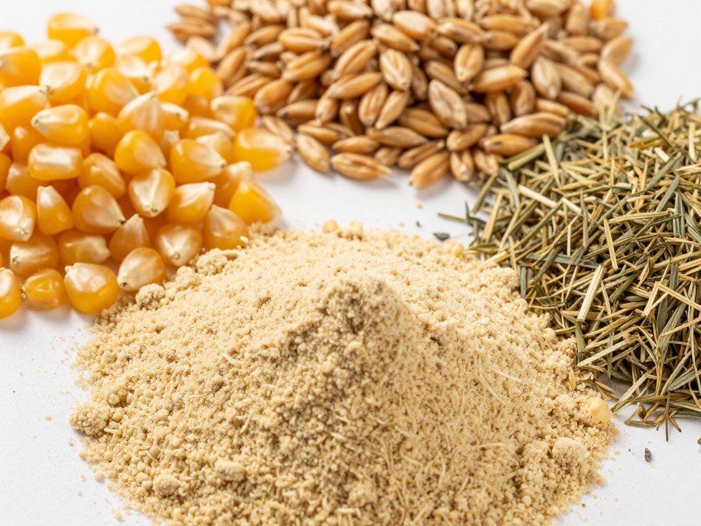Various feed raw materials including corn, wheat, soybean meal for pellet production