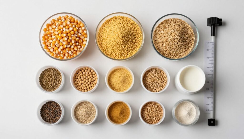 Various pig feed formulation ingredients including corn and soybean meal