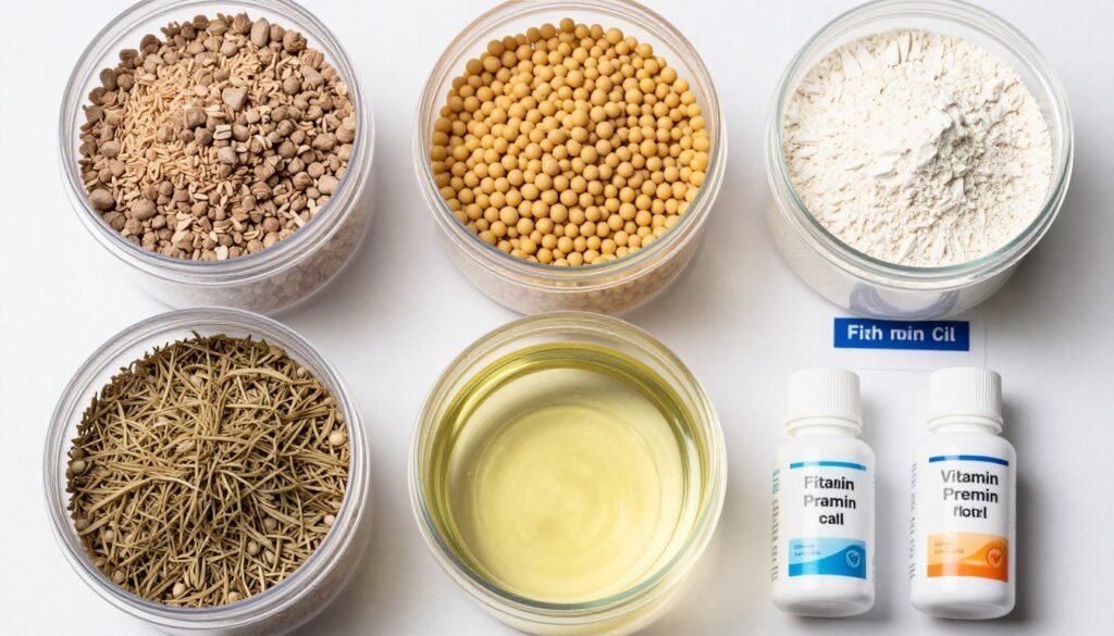 Various raw materials for aquatic feed production displayed in containers Various raw materials for aquatic feed production displayed in containers