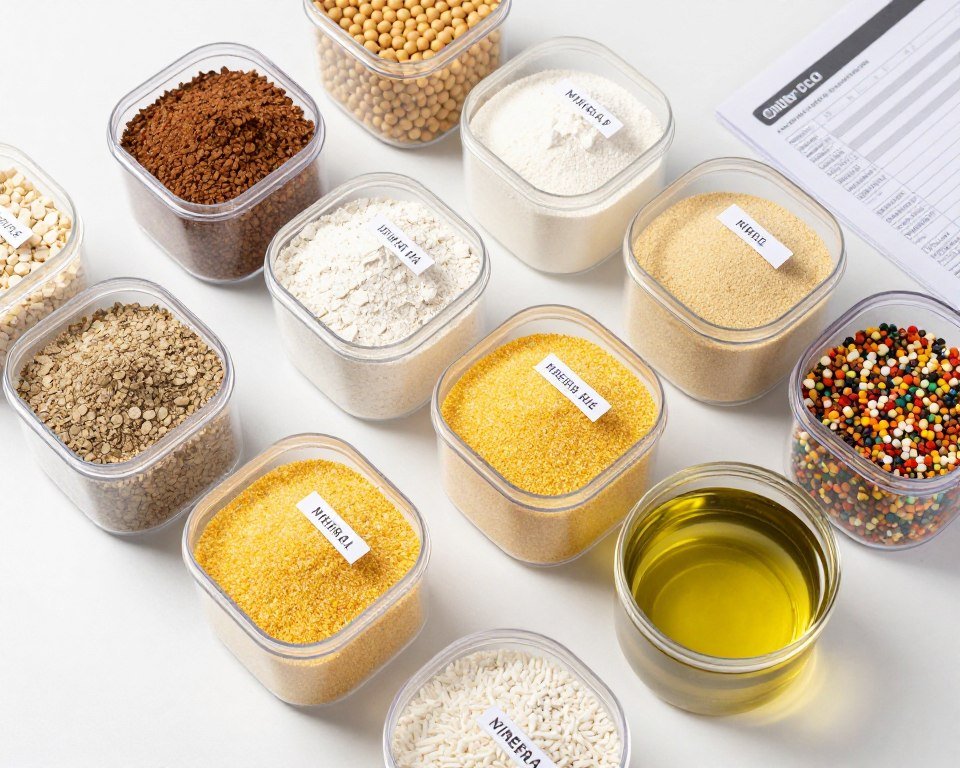 Various raw materials for fish feed production displayed in clear containers showing textures and colors