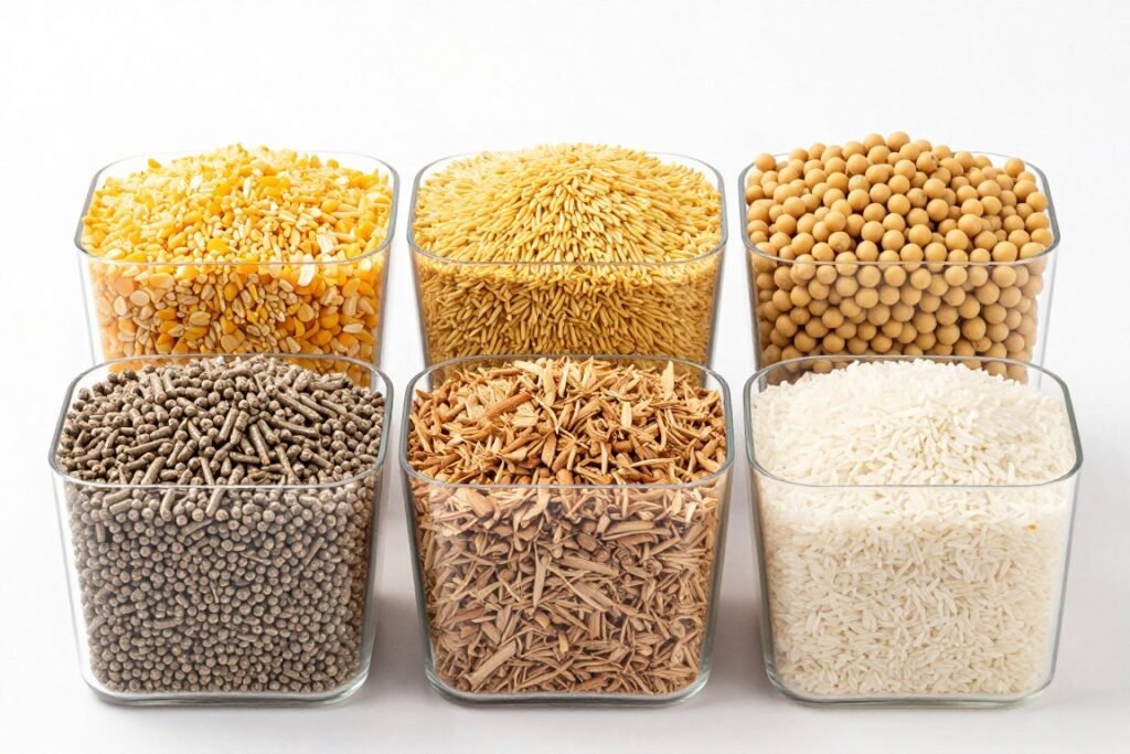 Various raw materials for pellet production including corn wheat soybean meal and wood biomass samples