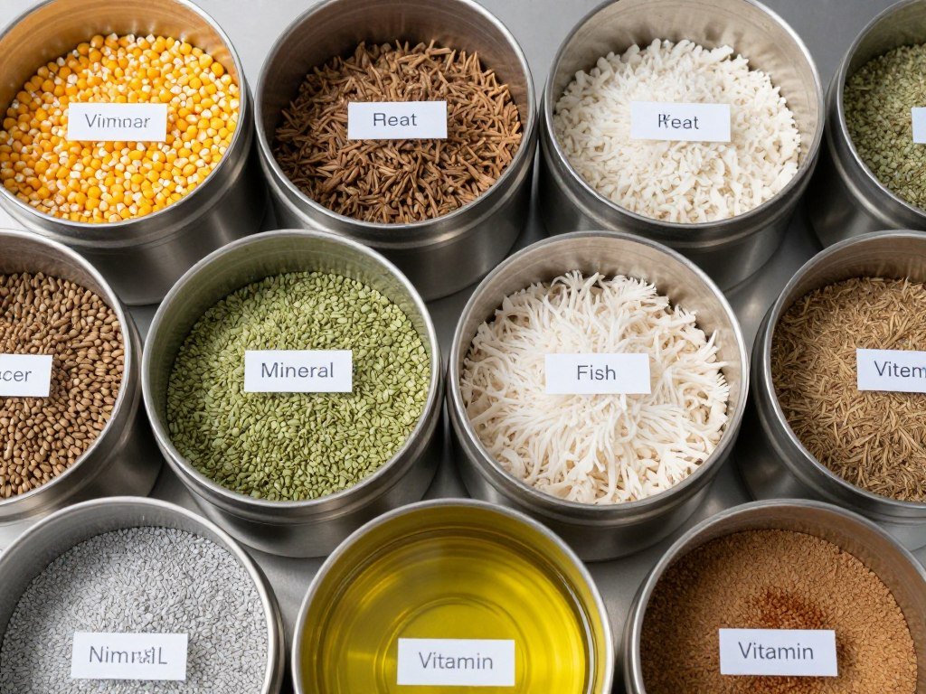 Various raw materials for pet feed production