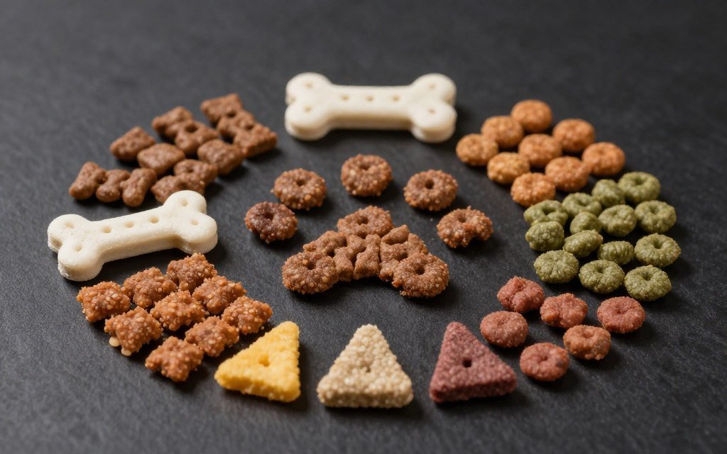 Various shapes and sizes of extruded pet food kibble