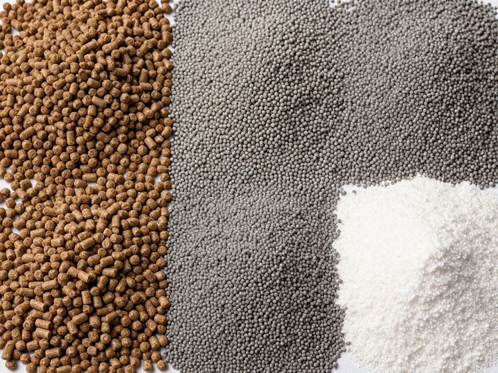 Various types of fertiliser pellets in different colours showing NPK compound and organic formulations