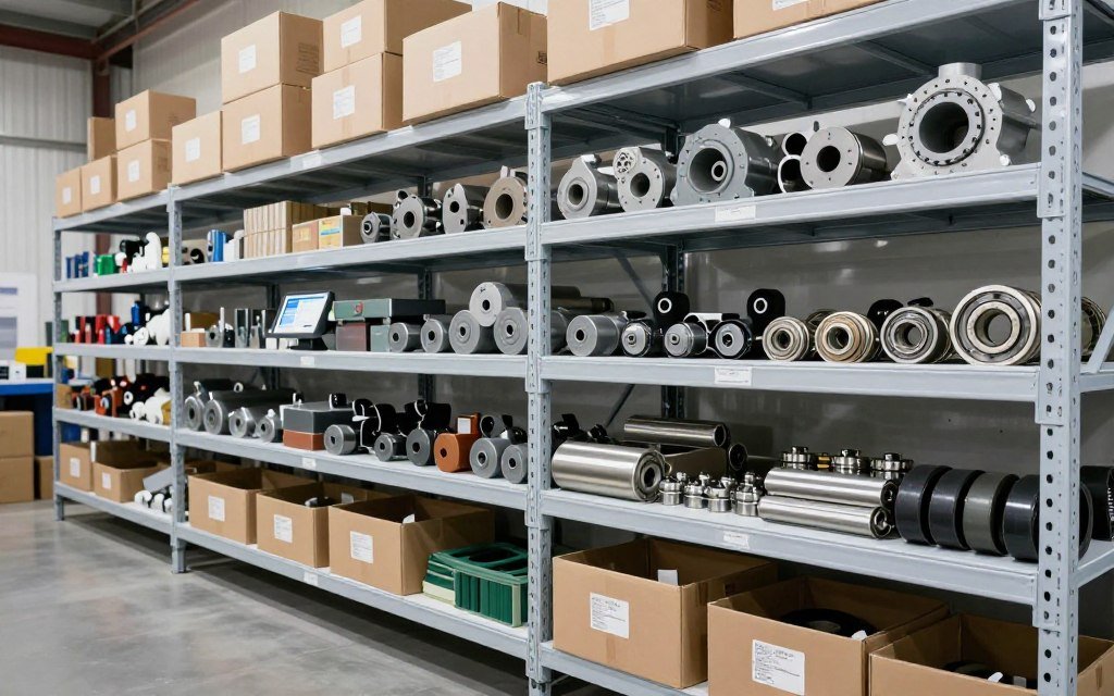 Warehouse shelving stocked with organized biomass pellet mill spare parts inventory Warehouse shelving stocked with organized biomass pellet mill spare parts inventory