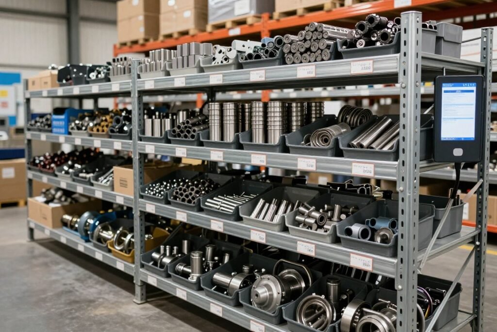 Warehouse showing organized spare parts inventory with labeling system