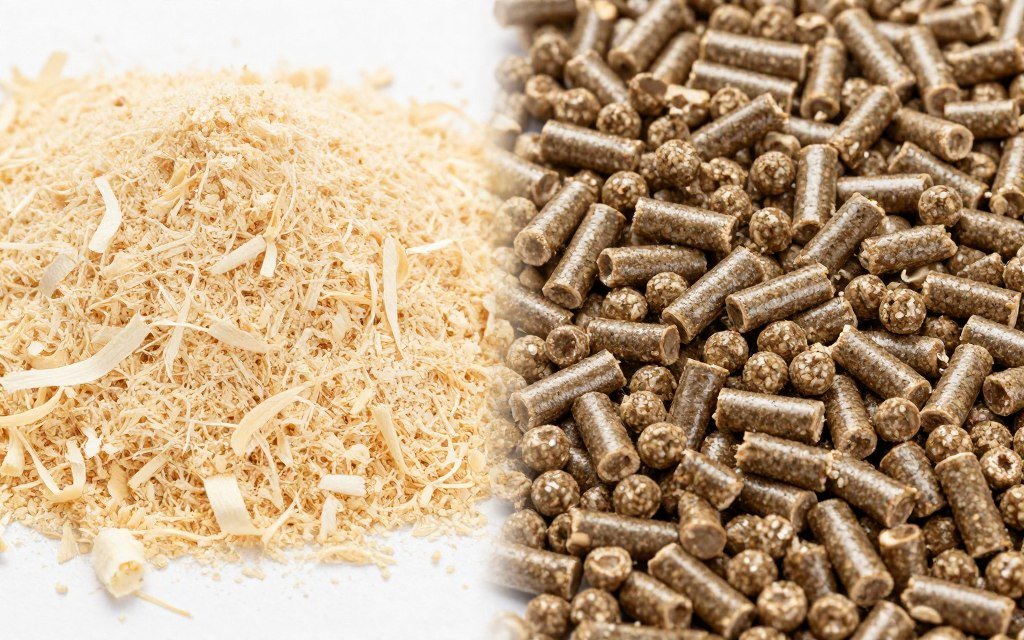 Wood pellet production showing raw sawdust material and finished wood fuel pellets side by side for comparison