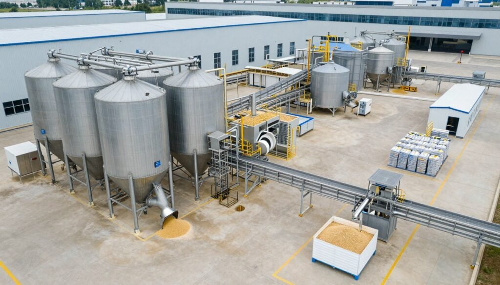 aerial view of complete poultry feed manufacturing process showing material flow from raw ingredients to finished packaged feed