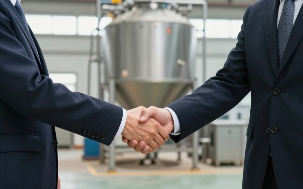 business partnership handshake representing MAIKONG distributor agreement with feed production equipment in background