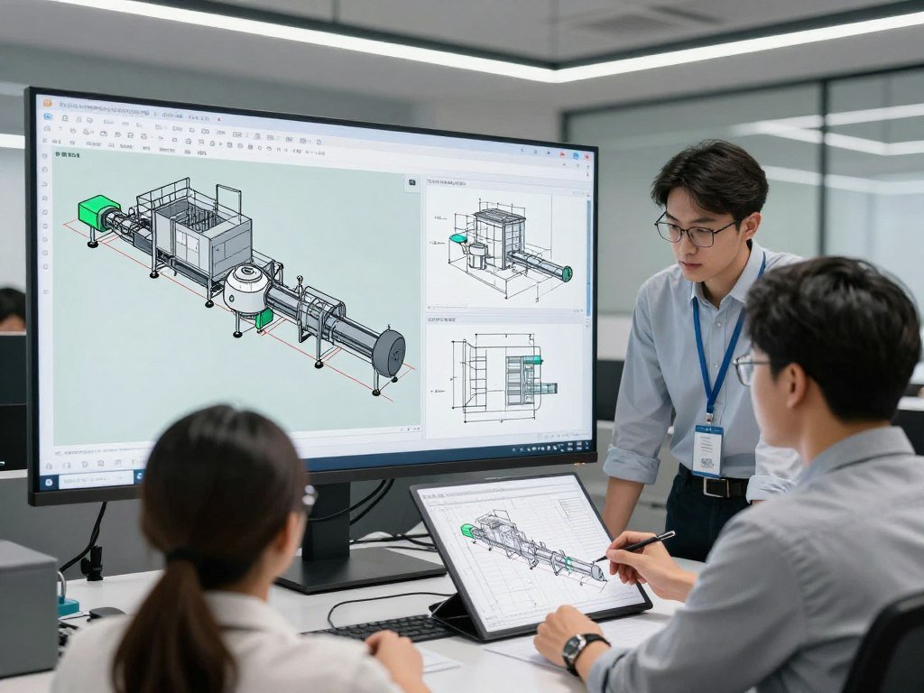 engineering team working on custom poultry feed production line designs showing technical expertise and customization capability