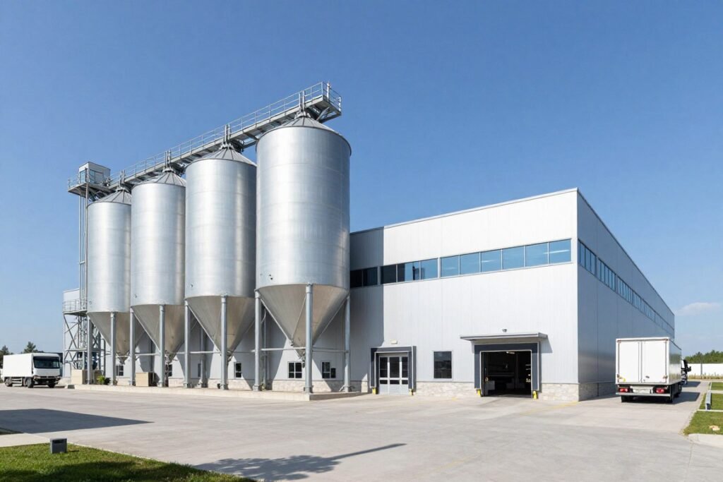 european poultry feed mill facility exterior showing modern industrial building with MAIKONG production line installation