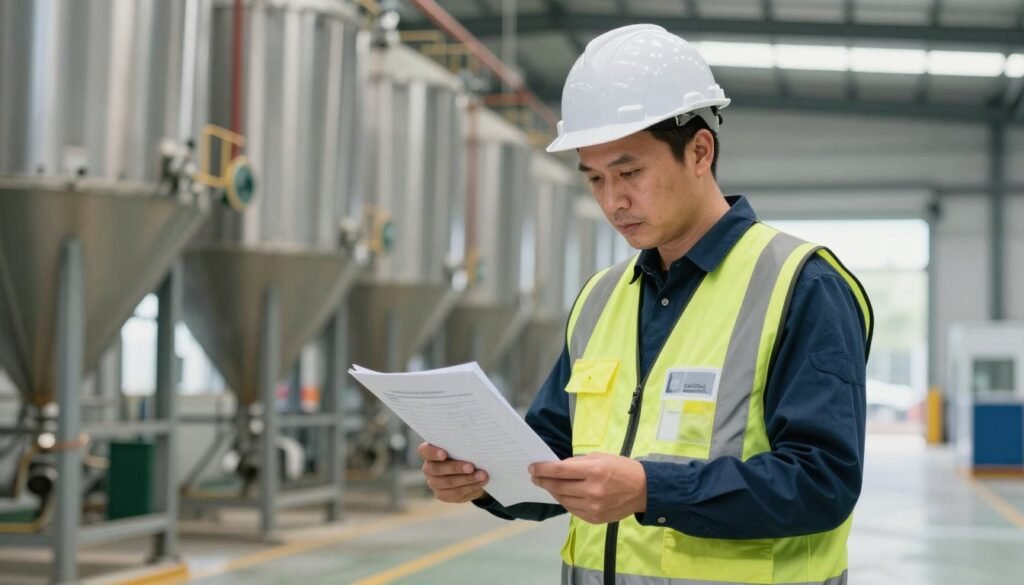 feed mill manager reviewing production capacity calculations and equipment specifications feed mill manager reviewing production capacity calculations and equipment specifications