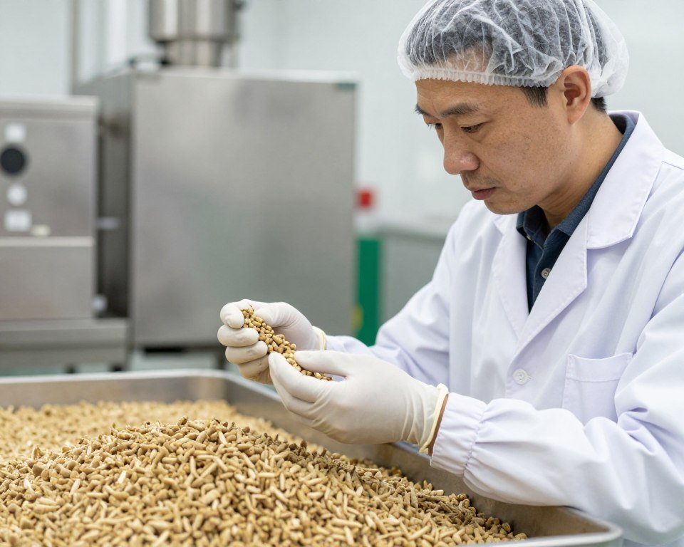 feed mill operator inspecting poultry feed pellets for quality control showing uniform pellet formation