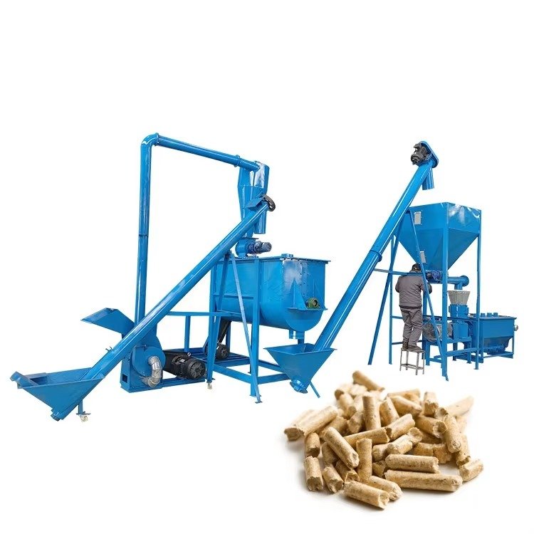 Feed pellet production line showing crushing mixing and pelleting equipment modules