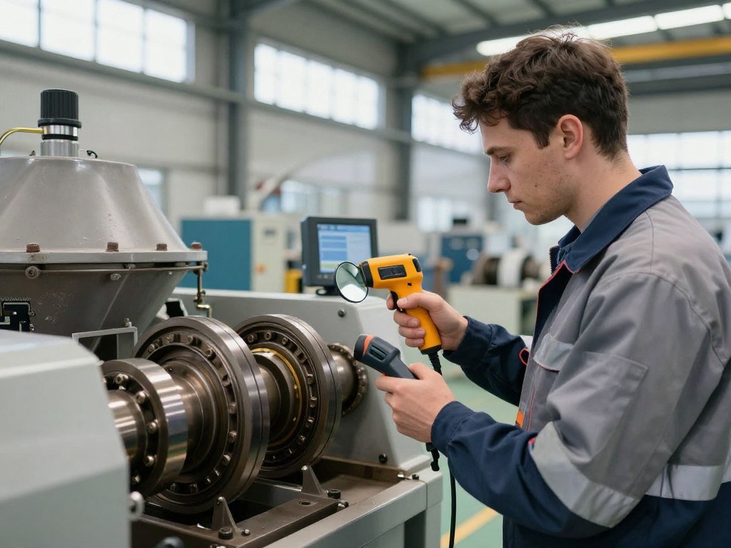 maintenance technician performing cattle feed pellet production line guide inspection maintenance technician performing cattle feed pellet production line guide inspection