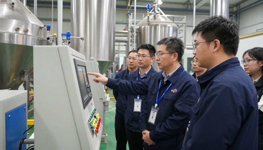 operator training session at pet feed production equipment with instructor