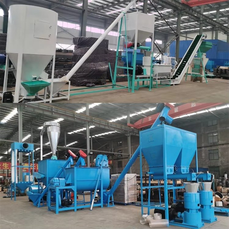 Industrial pellet machines with red hoppers and electric motors in a factory setting.